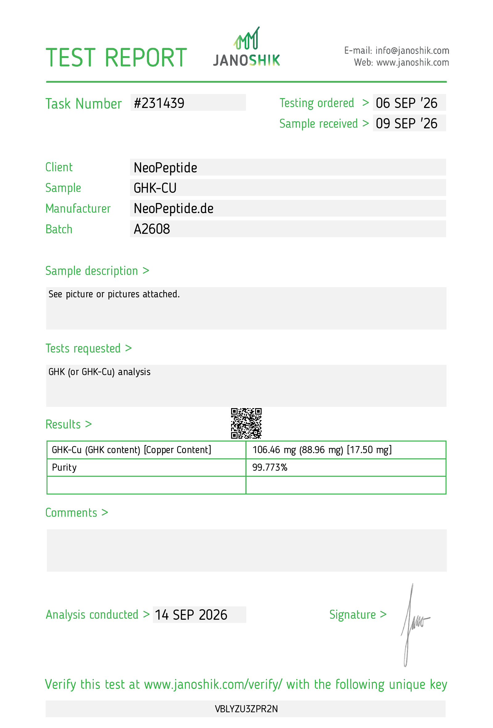 Janoshik-Prüfbericht #231439 für NeoPeptide GHK-Cu, Charge A2608, vom 14. September 2026
