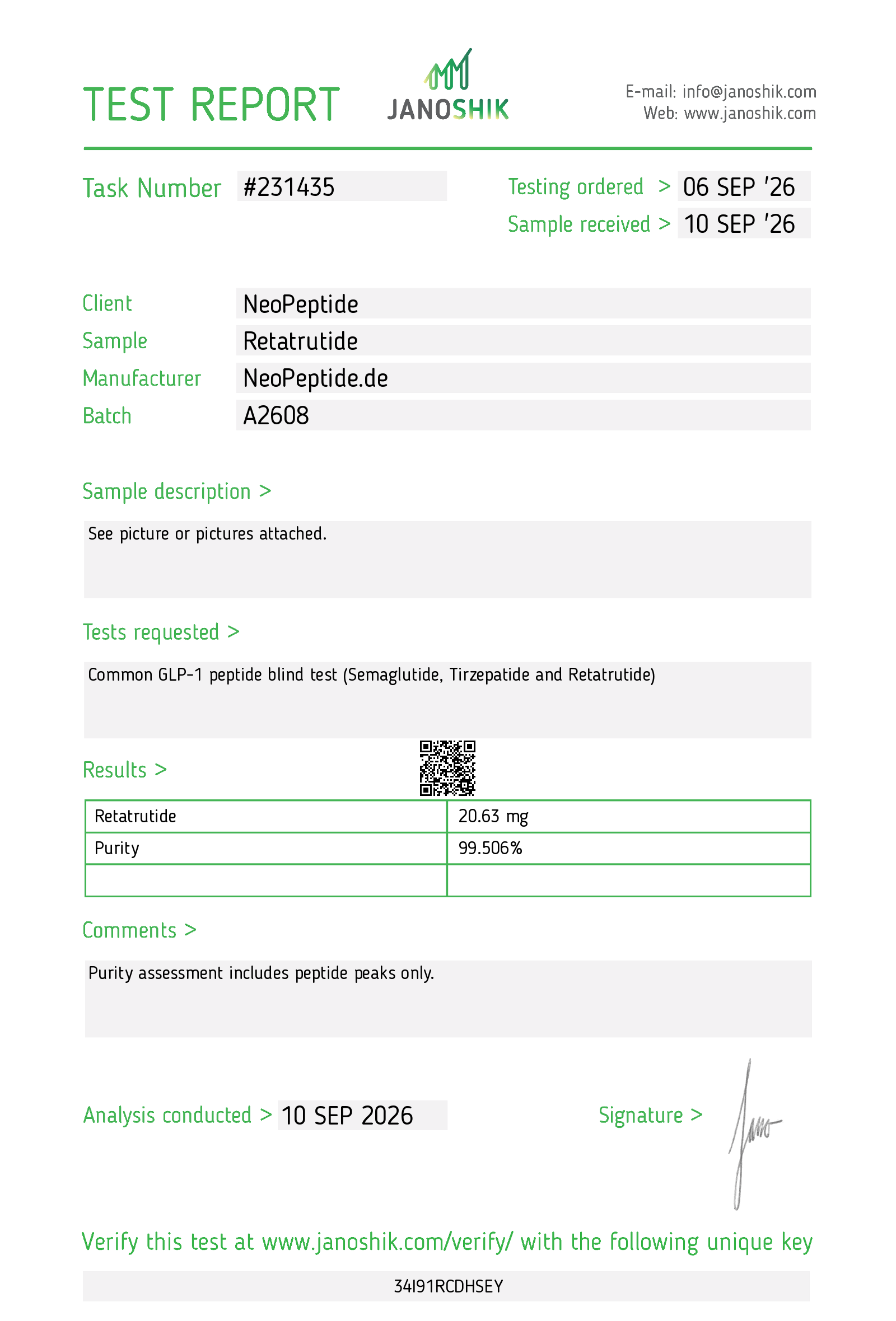 Janoshik-Prüfbericht #231435 für NeoPeptide Retatrutide, Charge A2608, vom 10. September 2026
