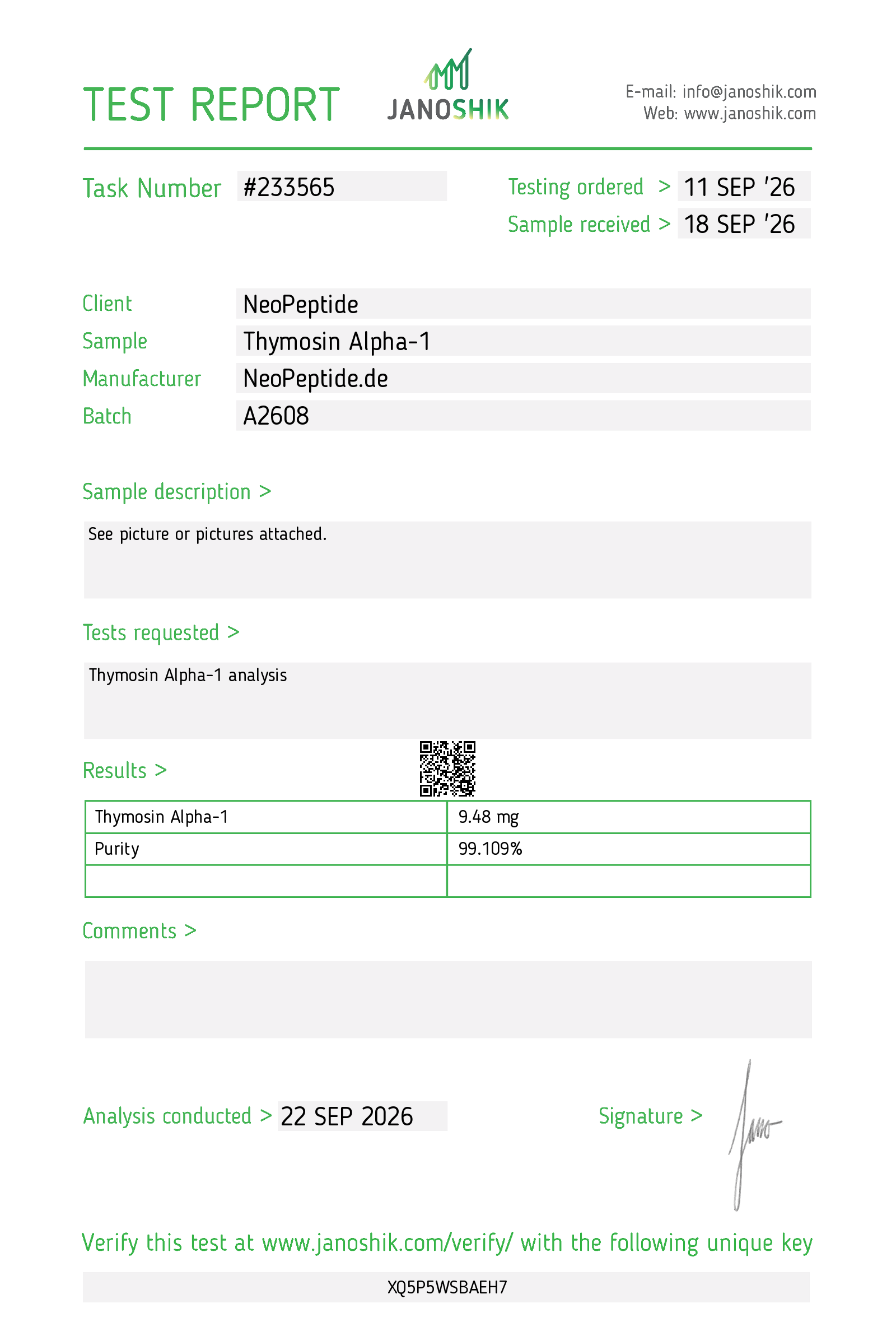 Janoshik-Prüfbericht #233565 für NeoPeptide Thymosin Alpha-1, Charge A2608, vom 22. September 2026